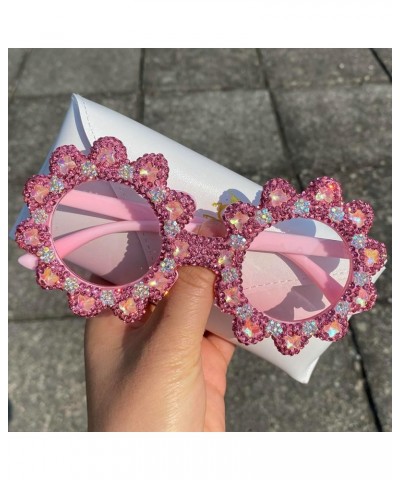 Round Flower Diamond Sunglasses For Women Luxury Candy Color Cute Pink Sun Glasses Bling Party Rhinestone Shades UV400 Pink $...