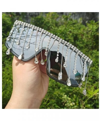 Flat Top Diamond Sunglasses for Women bling Crystal Sun Glasses tassel Womens Pearl Rhinestone Party Sunglasses Silver $11.08...