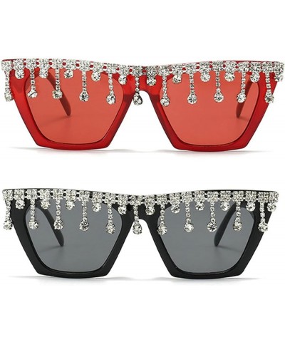 fashion Cat Eye Tassel Rhinestones Sunglasses Women Crystal Tassels Sun Glasses Unique bling Diamond Eyeglasses 2pcs-black&re...