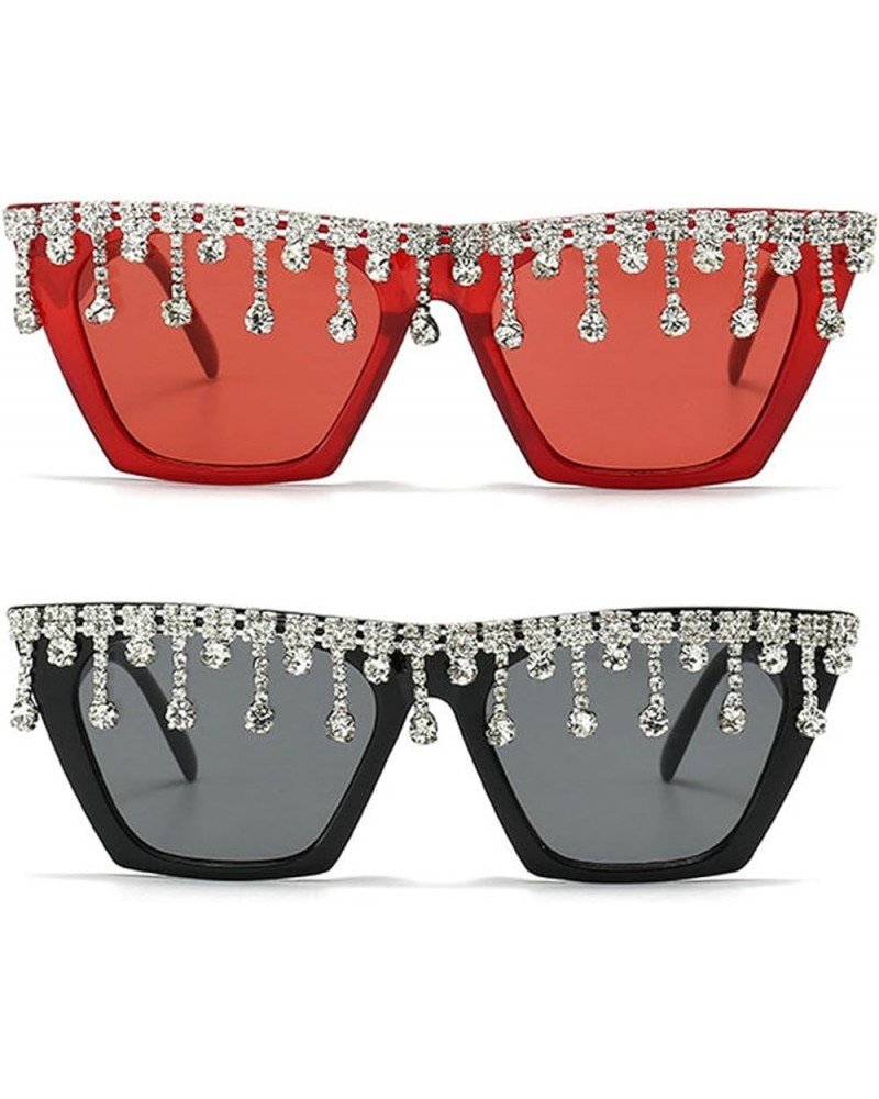 fashion Cat Eye Tassel Rhinestones Sunglasses Women Crystal Tassels Sun Glasses Unique bling Diamond Eyeglasses 2pcs-black&re...