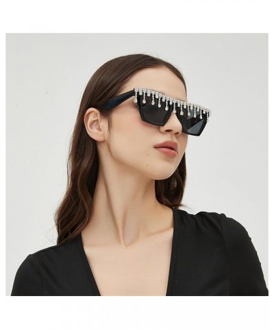 fashion Cat Eye Tassel Rhinestones Sunglasses Women Crystal Tassels Sun Glasses Unique bling Diamond Eyeglasses 2pcs-black&re...