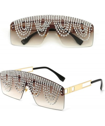 Fashion Rectangle Rhinestone Sunglasses For Women Men Fashion UV400 Oversized One Piece Crystal Chain Decoration Brown $10.97...