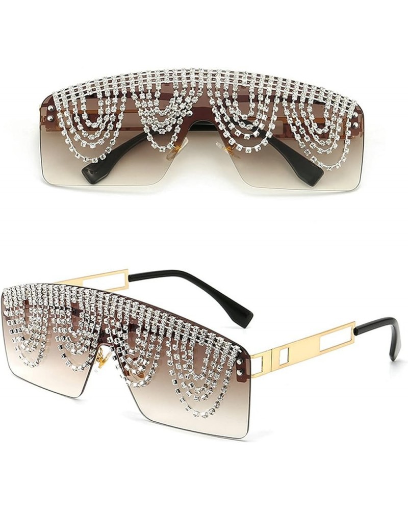 Fashion Rectangle Rhinestone Sunglasses For Women Men Fashion UV400 Oversized One Piece Crystal Chain Decoration Brown $10.97...