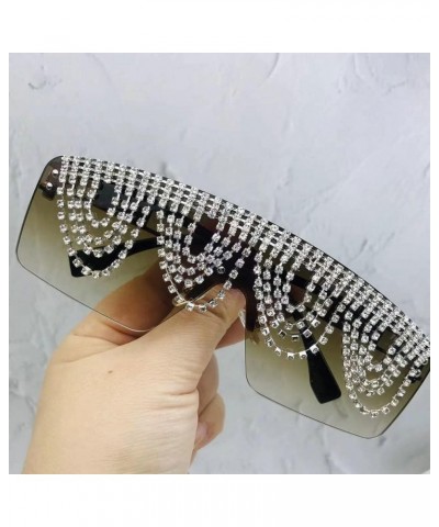 Fashion Rectangle Rhinestone Sunglasses For Women Men Fashion UV400 Oversized One Piece Crystal Chain Decoration Brown $10.97...