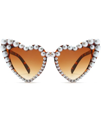 Love Pearl Sunglasses for Women Luxury Vintage Heart Sun Glasses Party Festival Cat Eye Bling Sunglasses UV400 Leopard Gradie...