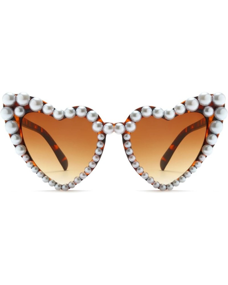 Love Pearl Sunglasses for Women Luxury Vintage Heart Sun Glasses Party Festival Cat Eye Bling Sunglasses UV400 Leopard Gradie...