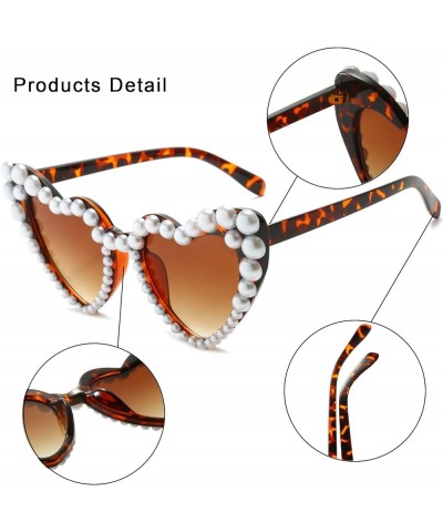 Love Pearl Sunglasses for Women Luxury Vintage Heart Sun Glasses Party Festival Cat Eye Bling Sunglasses UV400 Leopard Gradie...