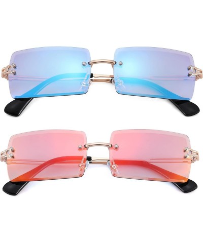 Rectangle Sunglasses for Men/Women Small Rimless Square Shade Eyewear C9* 2 Pack (Mirror Blue +Mirror Red) $10.25 Wayfarer