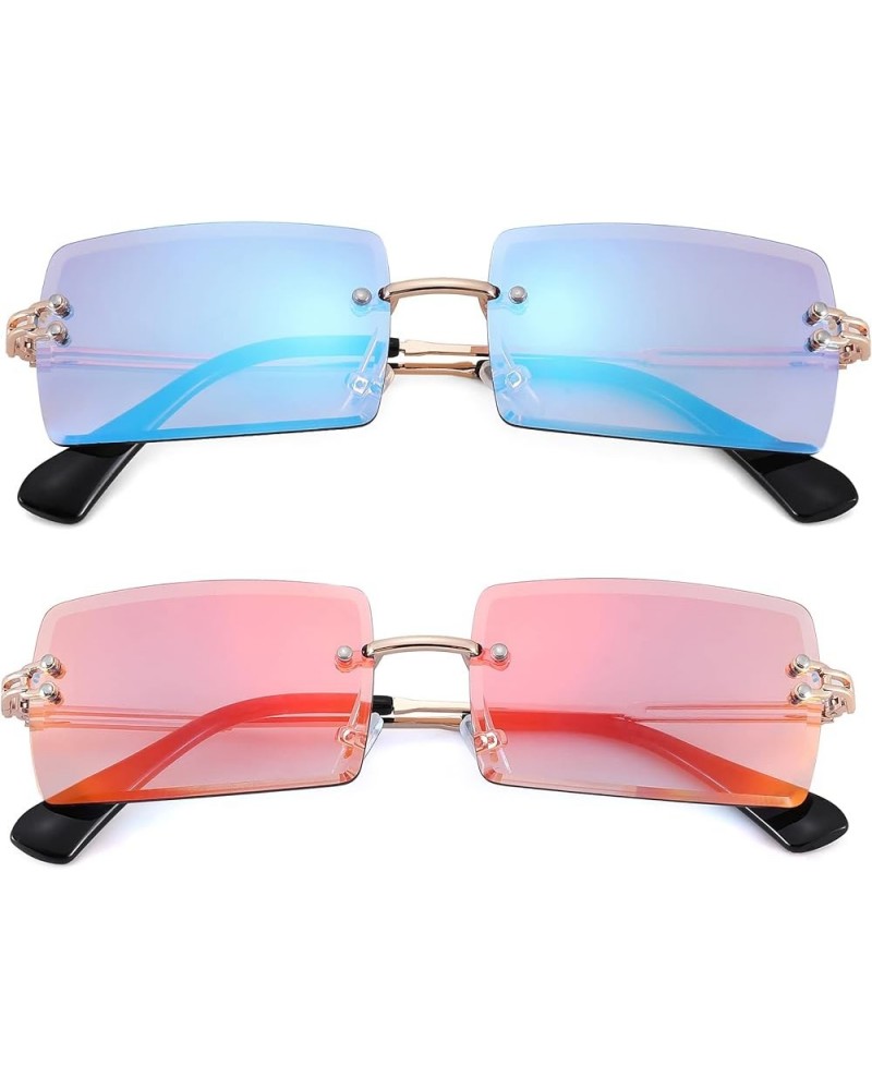 Rectangle Sunglasses for Men/Women Small Rimless Square Shade Eyewear C9* 2 Pack (Mirror Blue +Mirror Red) $10.25 Wayfarer