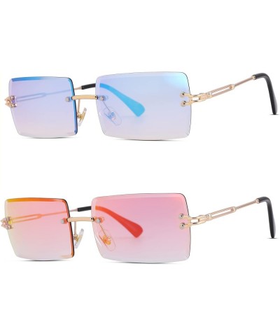 Rectangle Sunglasses for Men/Women Small Rimless Square Shade Eyewear C9* 2 Pack (Mirror Blue +Mirror Red) $10.25 Wayfarer