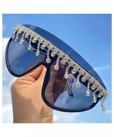 bling Diamond Tassel Sunglasses for Women Disco Party Sunglasses Oversized One-Piece Rhinestones Sunglasses UV400 Black $11.9...