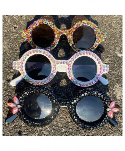 Vintage Round Diamond Sunglasses for Women Men Trendy Party Shades Retro Circle Rhinestone Sun Glasses White $8.32 Round