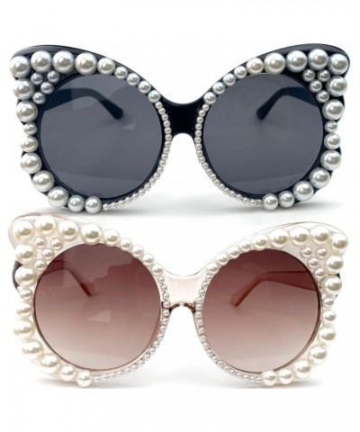 Pearl Cat Eye Sunglasses Womens Fashion bling Diamond Glasses Oversized butterfly Sunglasses Female Party Eyewear 2pcs-black&...