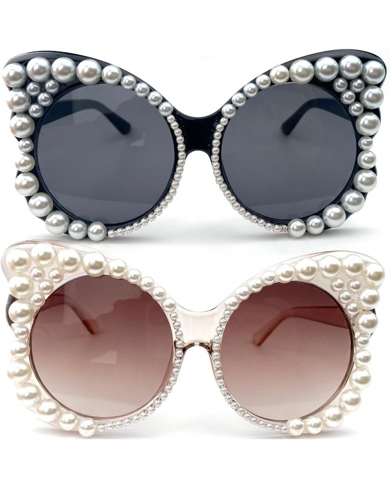 Pearl Cat Eye Sunglasses Womens Fashion bling Diamond Glasses Oversized butterfly Sunglasses Female Party Eyewear 2pcs-black&...