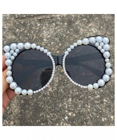 Pearl Cat Eye Sunglasses Womens Fashion bling Diamond Glasses Oversized butterfly Sunglasses Female Party Eyewear 2pcs-black&...