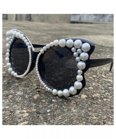 Pearl Cat Eye Sunglasses Womens Fashion bling Diamond Glasses Oversized butterfly Sunglasses Female Party Eyewear 2pcs-black&...