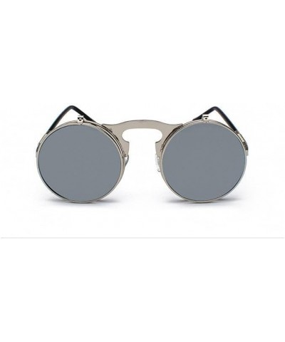 Retro Metal Steampunk Flip Sunglasses Round Frame Silver Frame White Reflective $15.00 Rectangular