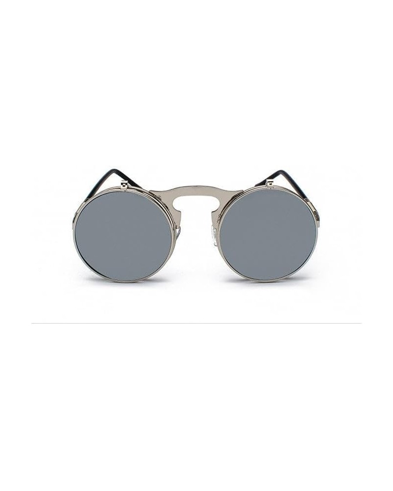 Retro Metal Steampunk Flip Sunglasses Round Frame Silver Frame White Reflective $15.00 Rectangular