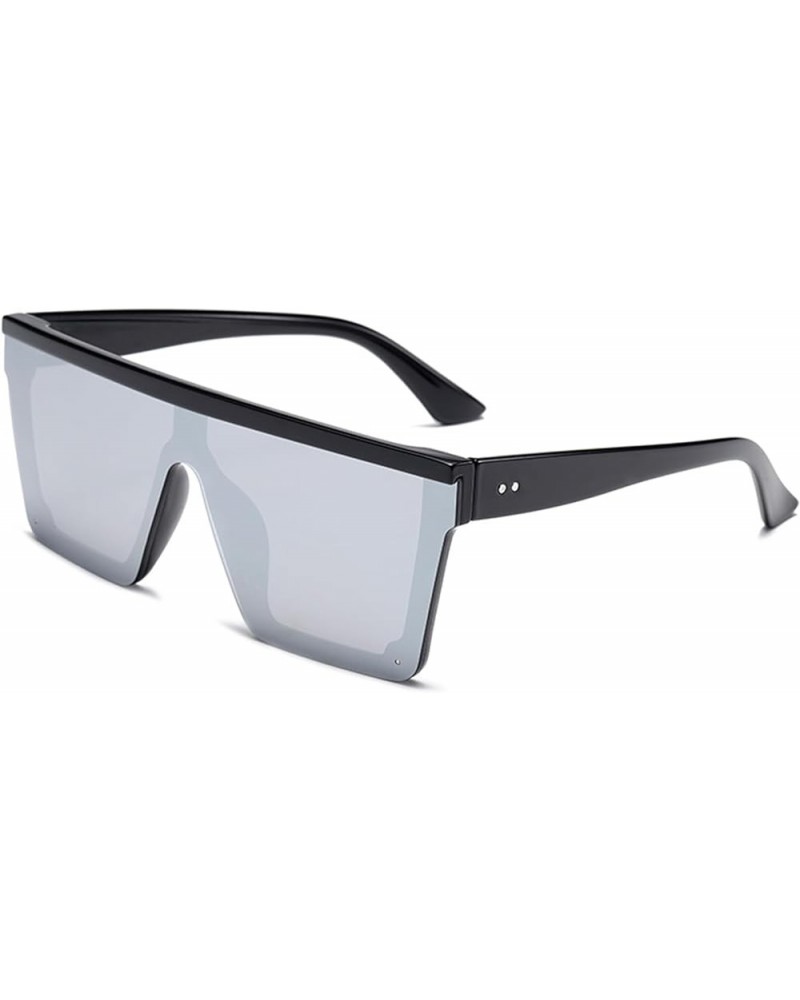 Square Oversized Sunglasses for Women Men Trendy Flat Top Sun Glasses Big Frame Shades Black Frame Silver Lens $6.95 Square