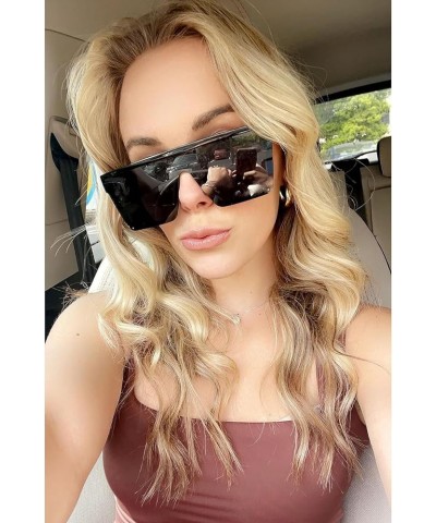 Square Oversized Sunglasses for Women Men Trendy Flat Top Sun Glasses Big Frame Shades Black Frame Silver Lens $6.95 Square