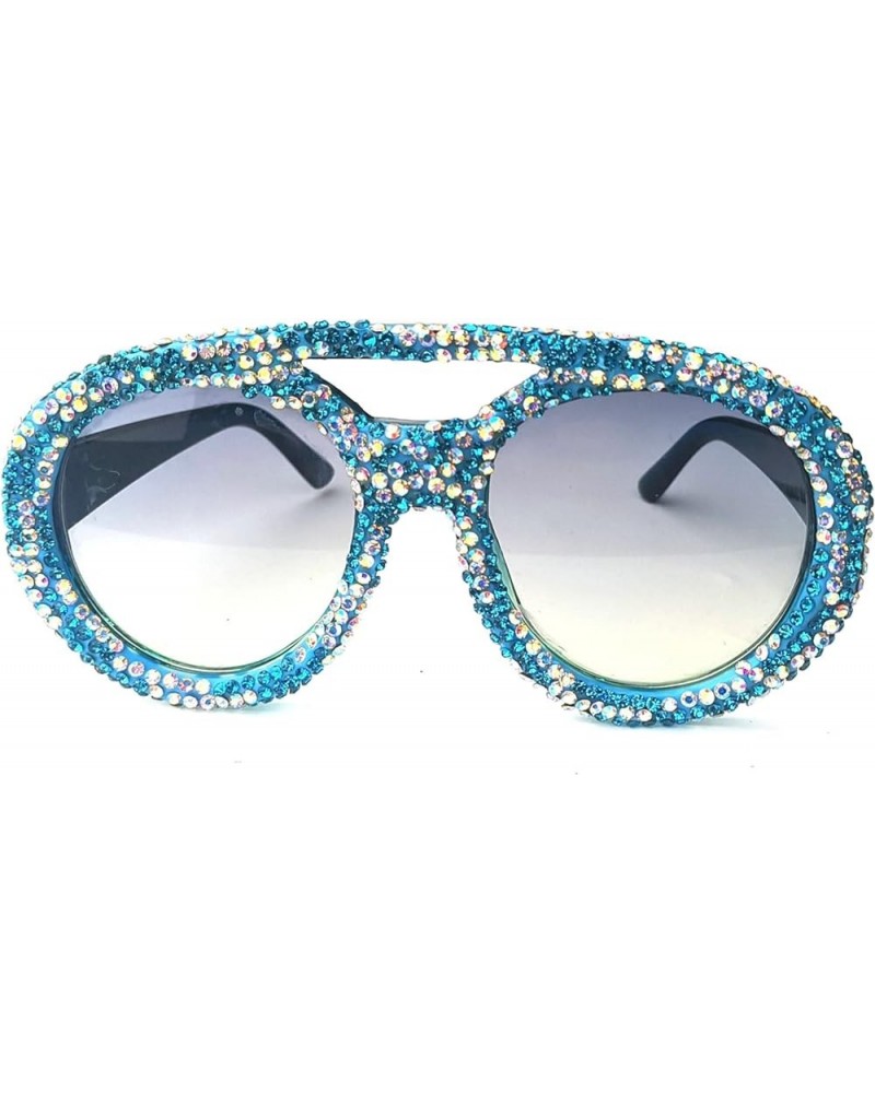 Oversized Round Goggle with Rhinestones sunglasses Fashion Women Diamond Punk Sparkling Party Eyewear Blue $11.32 Round