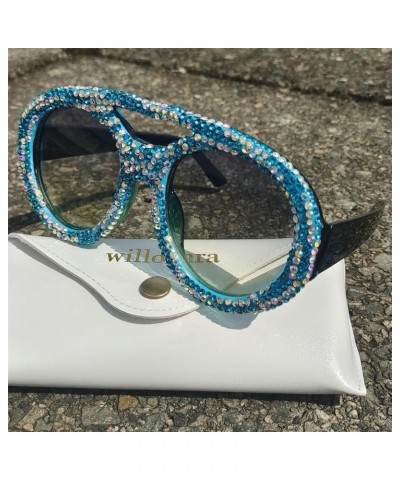 Oversized Round Goggle with Rhinestones sunglasses Fashion Women Diamond Punk Sparkling Party Eyewear Blue $11.32 Round