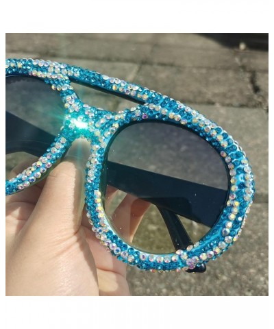 Oversized Round Goggle with Rhinestones sunglasses Fashion Women Diamond Punk Sparkling Party Eyewear Blue $11.32 Round