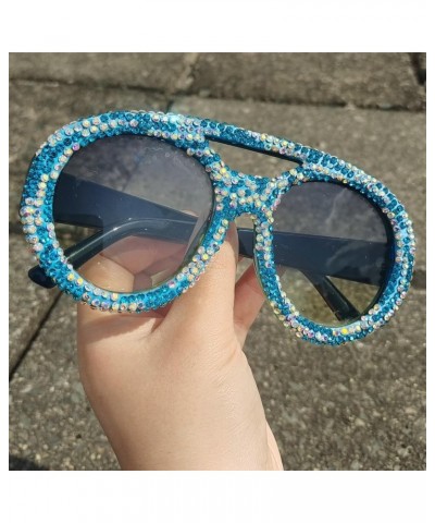 Oversized Round Goggle with Rhinestones sunglasses Fashion Women Diamond Punk Sparkling Party Eyewear Blue $11.32 Round