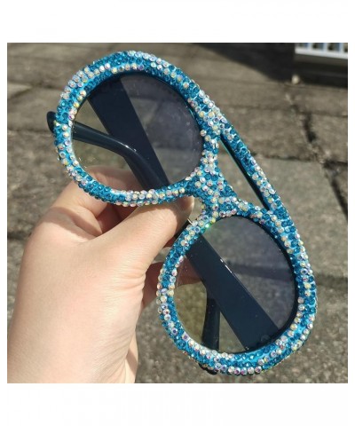 Oversized Round Goggle with Rhinestones sunglasses Fashion Women Diamond Punk Sparkling Party Eyewear Blue $11.32 Round