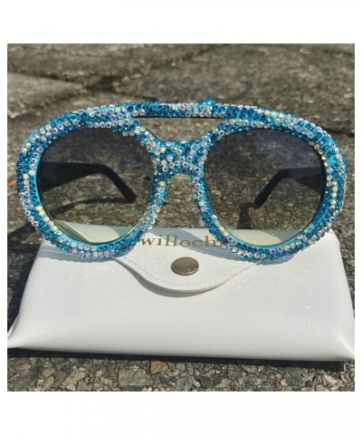 Oversized Round Goggle with Rhinestones sunglasses Fashion Women Diamond Punk Sparkling Party Eyewear Blue $11.32 Round