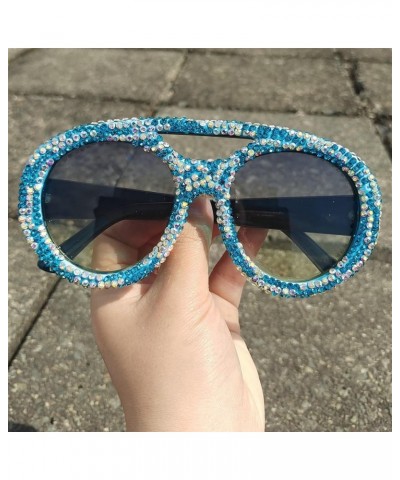 Oversized Round Goggle with Rhinestones sunglasses Fashion Women Diamond Punk Sparkling Party Eyewear Blue $11.32 Round