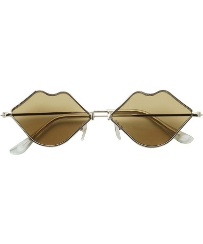 Small Retro Kiss Lip Shaped Sunglasses Slim Metal Wire Frame Flat Lens Womens Cute Chic Fashion Shades Brown $8.49 Oval