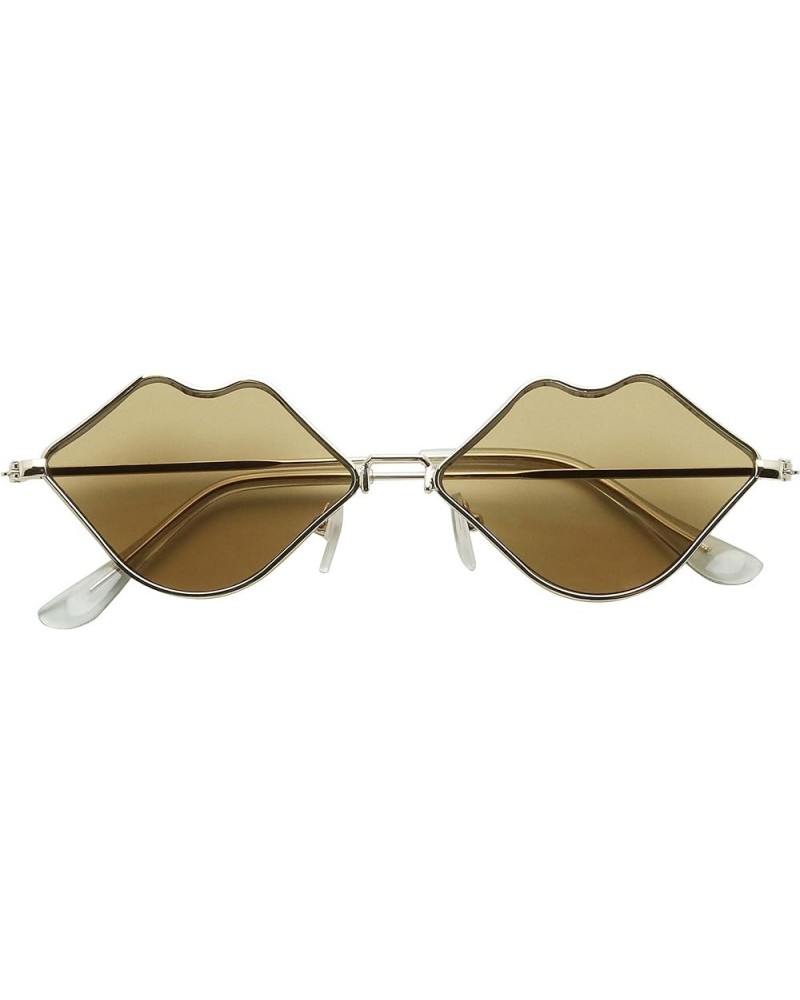 Small Retro Kiss Lip Shaped Sunglasses Slim Metal Wire Frame Flat Lens Womens Cute Chic Fashion Shades Brown $8.49 Oval