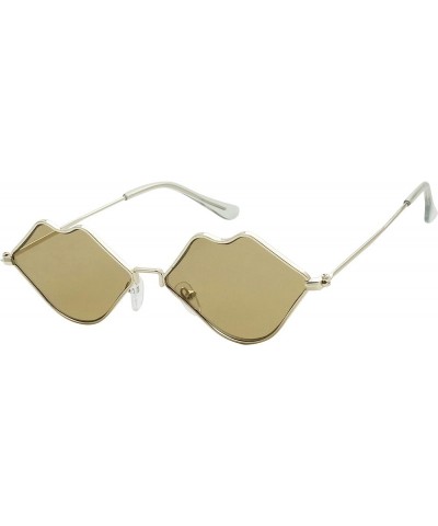 Small Retro Kiss Lip Shaped Sunglasses Slim Metal Wire Frame Flat Lens Womens Cute Chic Fashion Shades Brown $8.49 Oval