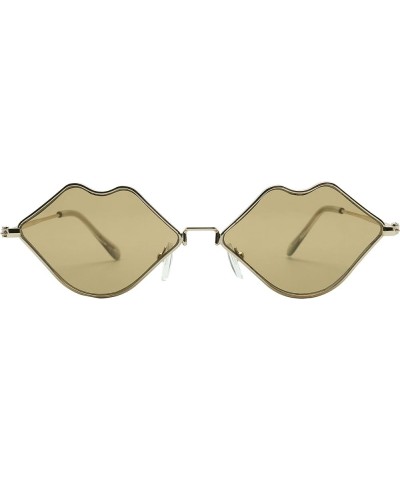 Small Retro Kiss Lip Shaped Sunglasses Slim Metal Wire Frame Flat Lens Womens Cute Chic Fashion Shades Brown $8.49 Oval