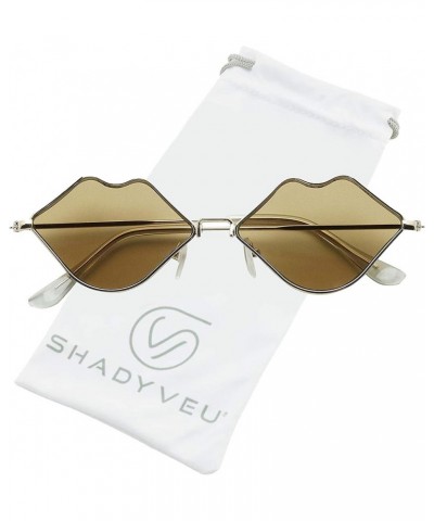 Small Retro Kiss Lip Shaped Sunglasses Slim Metal Wire Frame Flat Lens Womens Cute Chic Fashion Shades Brown $8.49 Oval