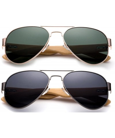 High Qaulity Real Bamboo Arm Aviator Sunglasses Bamboo Sunglasses for Men & Women 2 Pack - Green & Smoke $10.39 Aviator