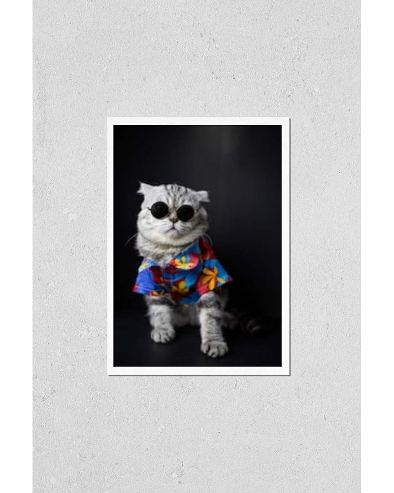 Wall Art Poster Print of Scottish Fold Cat are Wear Sunglass and Shirt in Concept Summer on The Black Background. Portrait Sc...