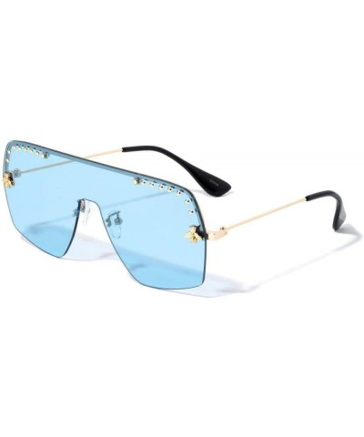 Fancy Buzz Sting Semi Rimless Luxury Hip Hop One Piece Shield Lens Aviator Sunglasses Gold & Black Frame Blue Lens $9.85 Shield