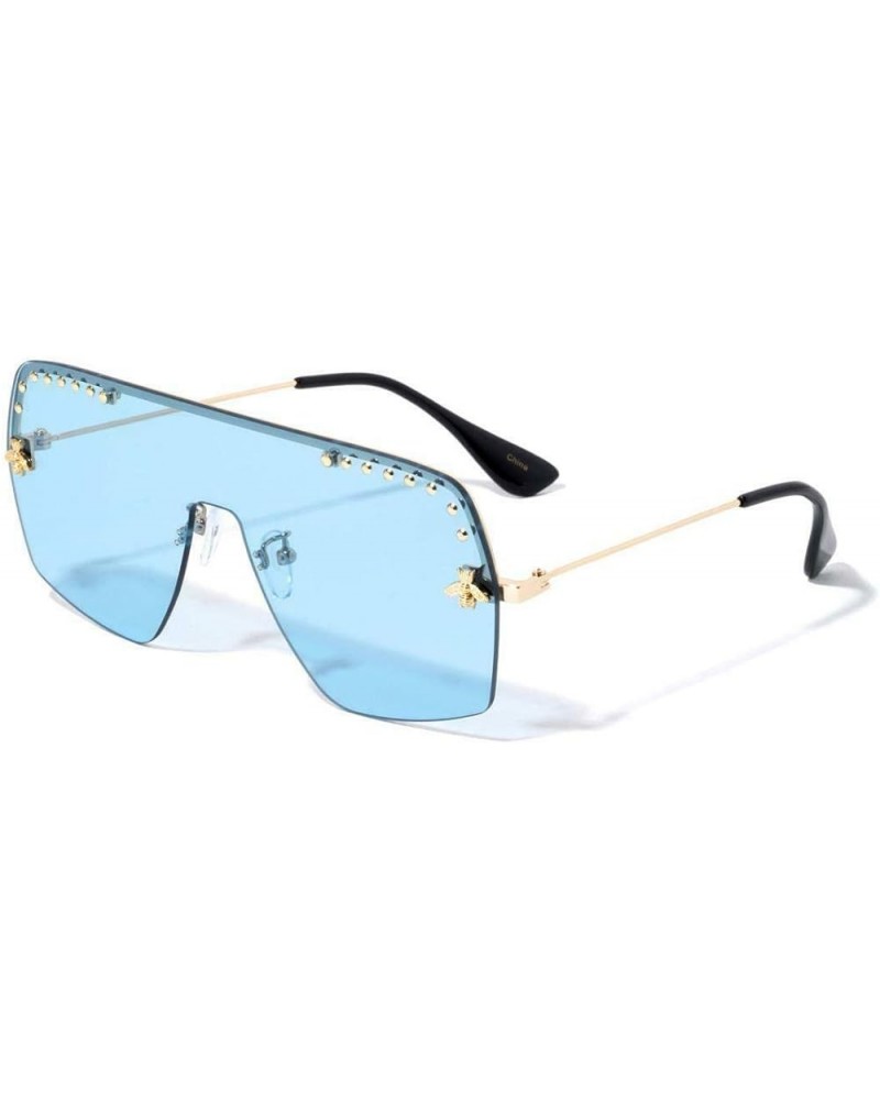 Fancy Buzz Sting Semi Rimless Luxury Hip Hop One Piece Shield Lens Aviator Sunglasses Gold & Black Frame Blue Lens $9.85 Shield