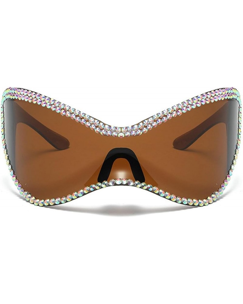 Sparkling Oversized Rhinestone Diamonds Sunglasses Women One Piece Punk Sports Sun Glasses Goggle Brown $11.01 Oversized