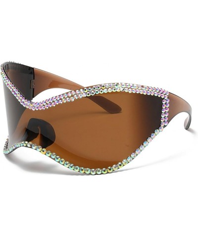 Sparkling Oversized Rhinestone Diamonds Sunglasses Women One Piece Punk Sports Sun Glasses Goggle Brown $11.01 Oversized