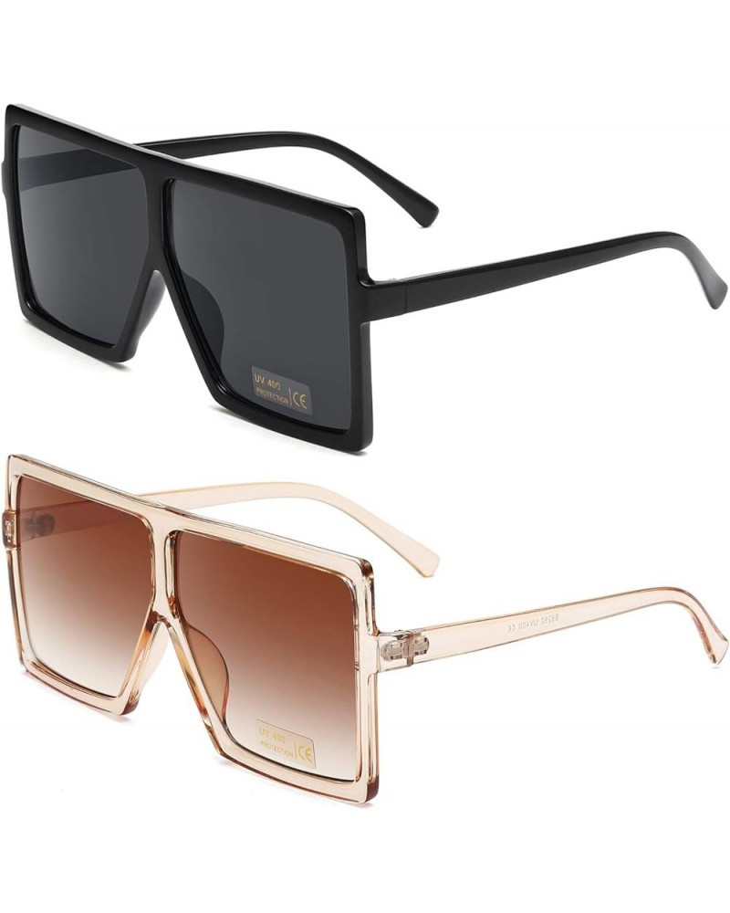 Square Oversized Sunglasses for Women Men Flat Top Fashion Shades 2pcs-black-orange $18.97 Oversized