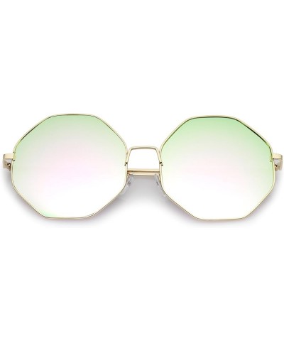 Oversize Metal Frame Slim Temple Colored Mirror Lens Hexagon Sunglasses 63mm Gold / Pink-green Mirror $8.47 Oversized