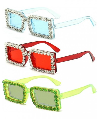 Rectangular Rhinestone Sunglasses Women Diamond 2023 Fashion Square Small Size Crystal Glasses Men 3pcs Blue+green+red $9.87 ...