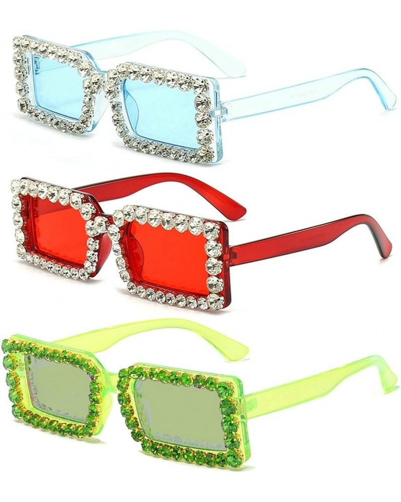 Rectangular Rhinestone Sunglasses Women Diamond 2023 Fashion Square Small Size Crystal Glasses Men 3pcs Blue+green+red $9.87 ...