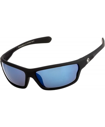 Men's Rectangular Sports Wrap 65mm Polarized Sunglasses Black Matte Rubberized, Blue Mirror Lens Sea Blue Mirror $7.24 Sport