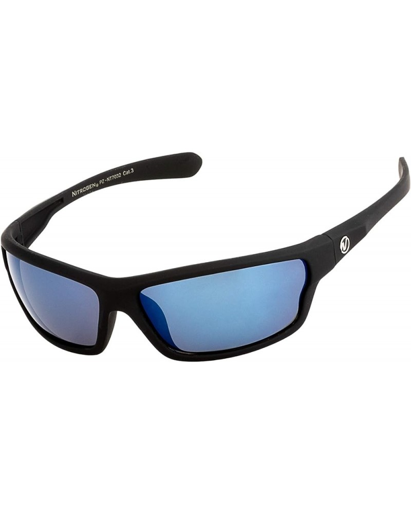 Men's Rectangular Sports Wrap 65mm Polarized Sunglasses Black Matte Rubberized, Blue Mirror Lens Sea Blue Mirror $7.24 Sport