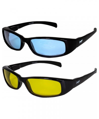 2 Pairs of Bad Attitude Cool Wraparound Motorcycle Sunglasses Black Frames with Blue & Yellow Lenses $13.76 Designer