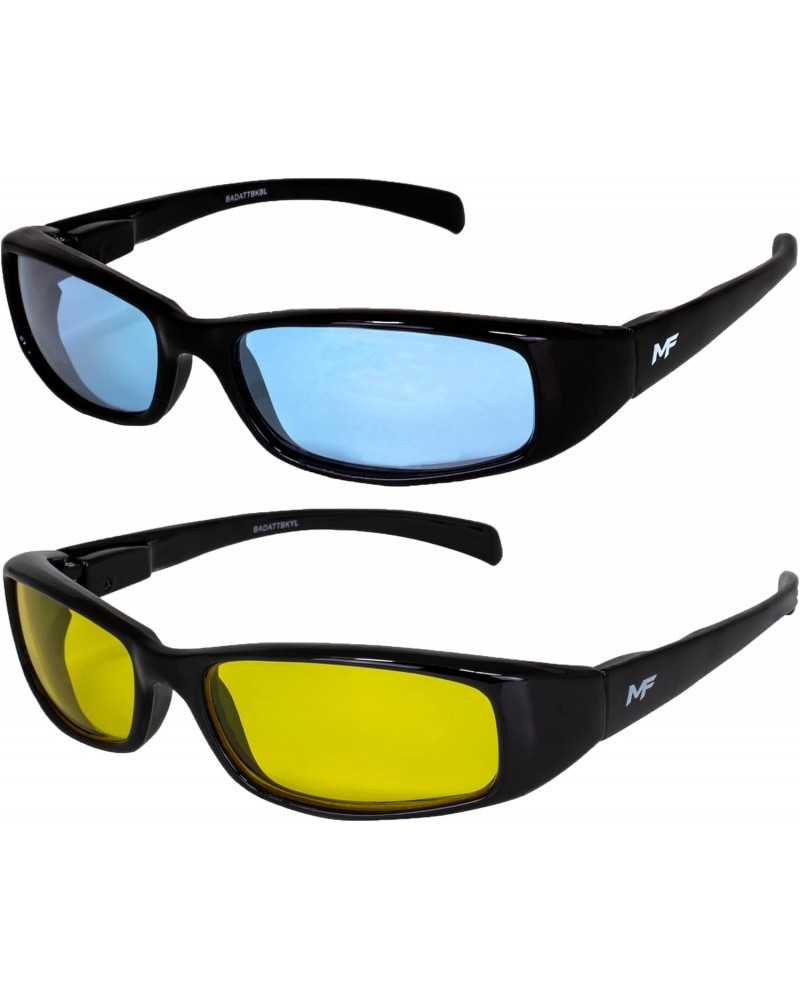 2 Pairs of Bad Attitude Cool Wraparound Motorcycle Sunglasses Black Frames with Blue & Yellow Lenses $13.76 Designer